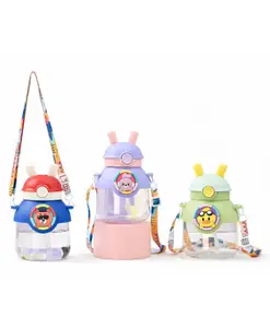 Sanjary 670ml Cartoon Sipper Water Bottle with Straw, Neck Carry Strap, Leakproof Lid, and Cute Character Design for Kids color design may vary