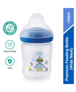 Buddsbuddy Premium BPA Free Wide Neck Baby Feeding Bottle Robot Print Blue- 150 ml