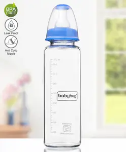 Babyhug Standard Neck Glass Feeding Bottle Blue - 250 ml