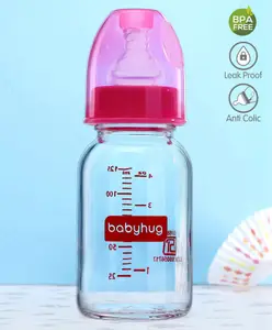 Babyhug Glass Feeding Bottle Pink - 125 ml