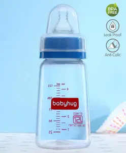 Babyhug Mountain Shape Feeding Bottle Blue - 125 ml| Unique Design| Leak-Proof| Anti-colic Silicone Nipple| Microwave and Sterilizer Safe| BPA Free| Measuring Scale| Hygiene Cap| Slow Flow