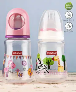 Babyhug Feeding Bottle Animal Print Pink & White Pack of 2 - 125 ml & 150 ml