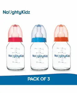Naughty Kidz 3 Glass Feeding Bottles with 6 Nipples Orange Blue Pink - 120 ml Each