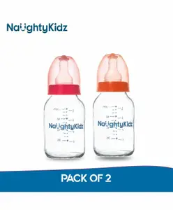 Naughty Kidz Premium Glass Feeding Bottle with Teat Set of 2 - 120 ml Each