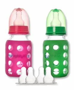 Naughty Kidz Glass Feeding Bottle With Warmer And 4 Soft Teats Pack of 2 - 120 ml Each