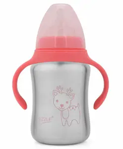 Sizzle Stainless Steel Baby Feeding Bottle With Plastic BPA Free Cap & Handle Pink - 240 ml