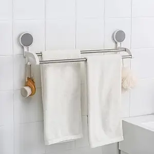 Self-Adhesive Double Towel Bar for Bathroom No Drill Wall Mounted Towel Rack with Stainless Steel Rods and Plastic Holders bathroom organiser without drill for Bathroom Kitchen(18 Inch) price in India.