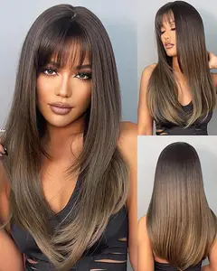 bellewholesale 20 Inch Straight Synthetic Wigs With Bang Natural Layered Hairs for Cosplay Party Heat Resistant Fibers