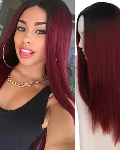 bellewholesale Burgundy Red Synthetic High Temperature Fiber Long Silk Straight Wig