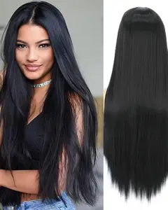 bellewholesale 28 Inches Long Straight Lace Front Wig Synthetic Black Wig Glueless Lace Natural Looking Wigs