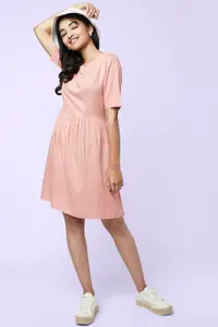 Peach Dots Round Neck Casual Knee Length Elbow Sleeves Women Regular Fit Dress