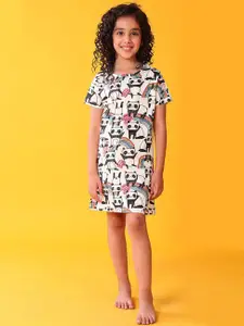 Anthrilo Girls White Cotton Regular Fit Printed Night Dress