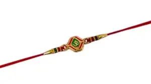 Be artistic studio Rushant Indian Traditional Handmade Exclusive Desinger Rakhi in Hindi word "OM" with Red & Green Meenakari & colourful beads for brother - Gift of Roli Chawal & Pooja Thali - 60183