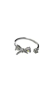 Adjustable Statement Ring for Women, Silver Bow Design with Clear CZ, Trendy Jewelry