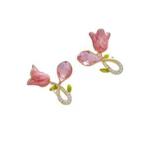 Brijsun Innovations Floral Crystal Pink Tulip Earrings for Women & Girls | Romantic Lightweight Studs with Rhinestone Detail | Elegant Floral Design Earrings