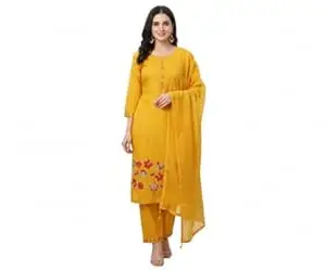 Women's Yellow Embroidered Kurta Set with Dupatta, Floral Design, 3/4 Sleeve