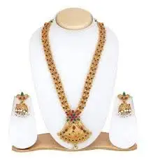 Copper & Gold Plated Traditional Designer Jade Fashion Jewellery Stone Golden Necklace for Women,Traditional jewel set 250144