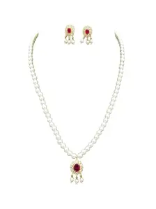 Traditional Pearl Necklace Set,White Cultured Pearls with American Diamond Ruby Pendant, Gold-Plated Copper, Wedding Jewellery