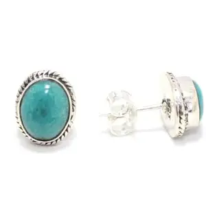 Rajasthan Gems Stud Earrings 925 Sterling Silver Natural Turquoise Gem Stone Women Handmade Gift G756
