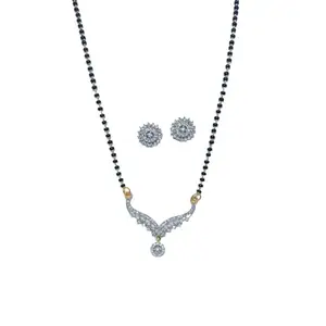Short Mangalsutra Set with Black Beads and Silver Colour Plated Pendant for Women (Modern)