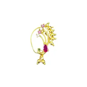 Traditional Maharashtrian Nath, Gold-Plated Peacock Design, Pink and Green Stone Nose Ring-Pearsing Required