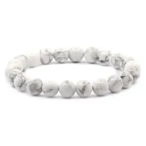 AESTHETIC CREATIONS AESTHETIC CREATIONS Unisex Adult's Howlite Semi Precious Gemstone Round Beads Stretch Bracelet (White, 8mm, 7 Inch)
