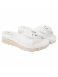 Shoetopia Women's Slip-On White Wedge Sandals | Comfortable Daily Slippers with Bow & Stone Detail | Lightweight Casual Fashion Footwear EU38