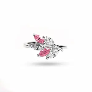 Hiflyer Jewels 925 Sterling Silver Adjustable Ring White Pink CZ Gemstone Leaf Design Ring 925 Stamp Valentine Day Jewelry | Gifts For Women And Girls