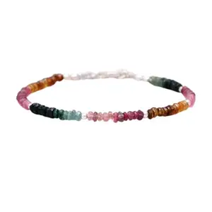 RRJEWELZ Watermelon Tourmaline Rondelle Beaded Bracelet – Smooth 3mm Multicolor Stones with Silver Lock – 7 Inch Adjustable link Bracelet for Men & Women|LCBR_RR_06627