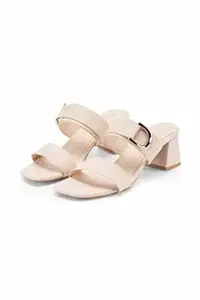 nur Beige Glaze Block Heels for Women with Double Straps and Golden Charm | Cushioned Slip On Heeled Sandals