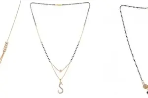 Gold Plated Traditional Black Bead Single Line American Diamond Pendant Jewellary set for Women(Combo) Pack of 3 MSCN-37-1-47-