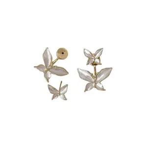 TWINAURA White and Gold Butterfly Stud Earrings, Asymmetrical Design with Detachable Jacket, 2-Piece Set