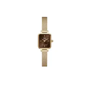 Daniel Wellington Quadro Analog Watch for Women with Brown Rectangle Dial & Gold Stainless Steel Bracelet Band Water Resistant Women's Wrist Watches - DW00100654K