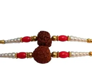 Rudraksha Rakhi with Pearl and Red Beads, Traditional Thread for Brothers, Set of 2