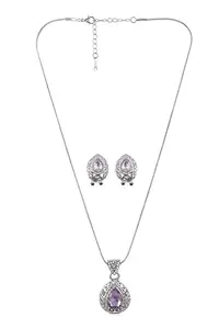University Trendz Silver-Plated Crystal Light Pink Teardrop Pendant Necklace & Earrings Set for Women & Girls