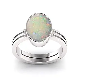 Anuj Sales Certified 8.25 Ratti / 7.00 Carat German Silver Plated White Australian Opal Fire Ring Astrological Gemstone Silver Ring for Women and Men Silver Adjustable