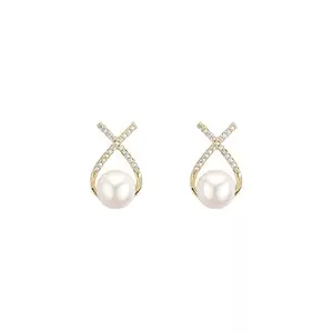 Karishma Kreations Latest Stylish Gold Plated Pearl Drop Earrings Korean Diamond Studded Cross Pearl Stud Earrings Set 2 Pcs Women Girls Jewellery