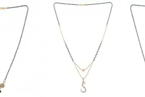 Gold Plated Traditional Black Bead Single Line American Diamond Pendant Jewellary set for Women(Combo) Pack of 3 MSCN-9-1-24-