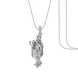 Akshat Sapphire Sterling Silver (92.5% purity) God Krishna Chain Pendant (Pendant with Snake Chain) for Men & Women Pure Silver Lord Krishna Chain Locket for Good Health & Wealth