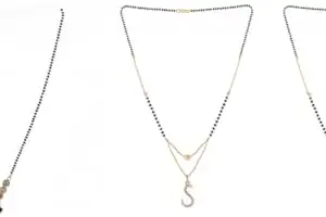 Gold Plated Traditional Black Bead Single Line American Diamond Pendant Jewellary set for Women(Combo) Pack of 3MCN-2-1-53-/