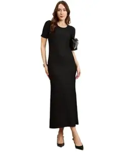 DWARROS Stylish Womens Cotton Blend Bodycon Round Neck Solid Midi Dress | Lightweight & Breathable Fabric | Dress for Womens & Girls
