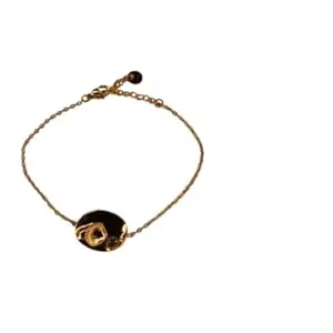 Glace Elegant Gold-Plated Chain Bracelet, Black Enamel Disc with Crystal Detail, Adjustable Length