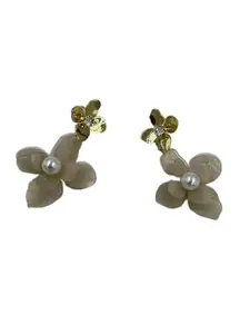 Double Floral Drop Earrings, Pink Mother of Pearl, Gold-Toned