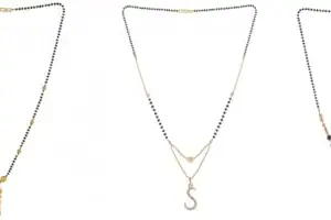 Gold Plated Traditional Black Bead Single Line American Diamond Pendant Jewellary set for Women(Combo) Pack of 3MCN-14-1-20-/