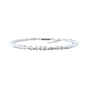 RRJEWELZ White Topaz Round Beaded Bracelet – Faceted 3mm White Stones with Silver Lock – 7 Inch Adjustable link Bracelet for Men & Women|LCBR_RR_06673