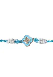 Handcrafted Crystal Beaded Rakhi with Turquoise Flower Charm, White and Blue