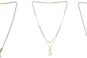 Gold Plated Traditional Black Bead Single Line American Diamond Pendant Jewellary set for Women(Combo) Pack of 3 MSCN-3-1-12- od