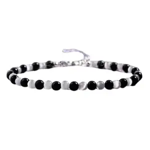 RRJEWELZ Black Tourmaline & Selenite bracelet for men & women - 4mm Round Smooth beads - 7 Inch Adjustable with Silver plated clasp – Healing, Fashion, Gift, Spiritual, Yoga|LCBR_RR_07188