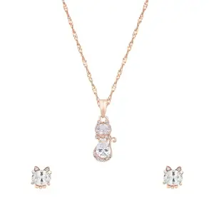 I Jewels Rose Gold Plated Special Glittering American Diamond CZ Zircon Chain Pendent Necklace With Earrings Set for Women