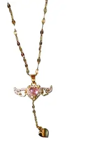 Elegant Wing Heart Pendant Necklace with Pink Crystal and Dangling Heart Charm, Gold-Toned Chain